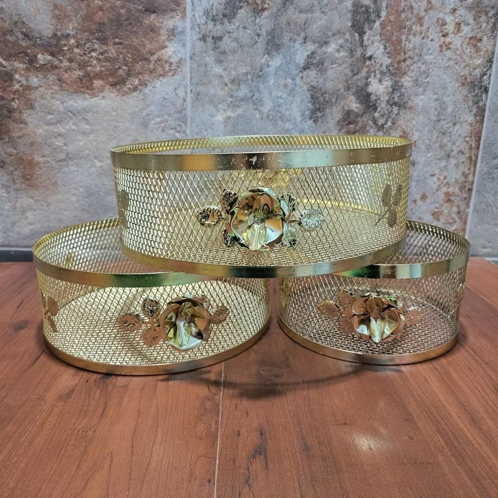 VTG Gold Plated Wire Mesh Baskets Round Metal Trays Rose Leaves Set of 3